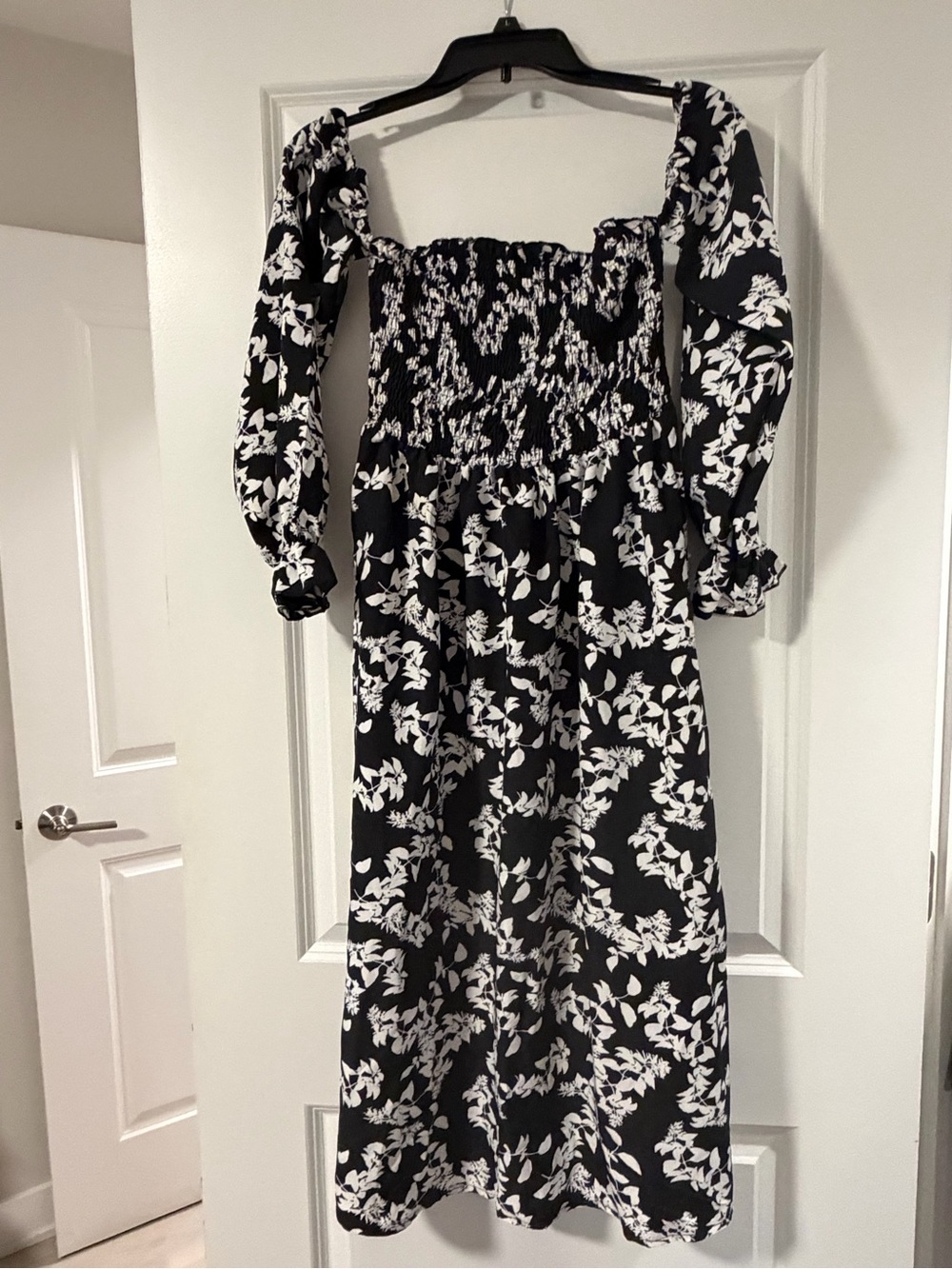 Macy's Black and White Floral Smocked Midi Dress